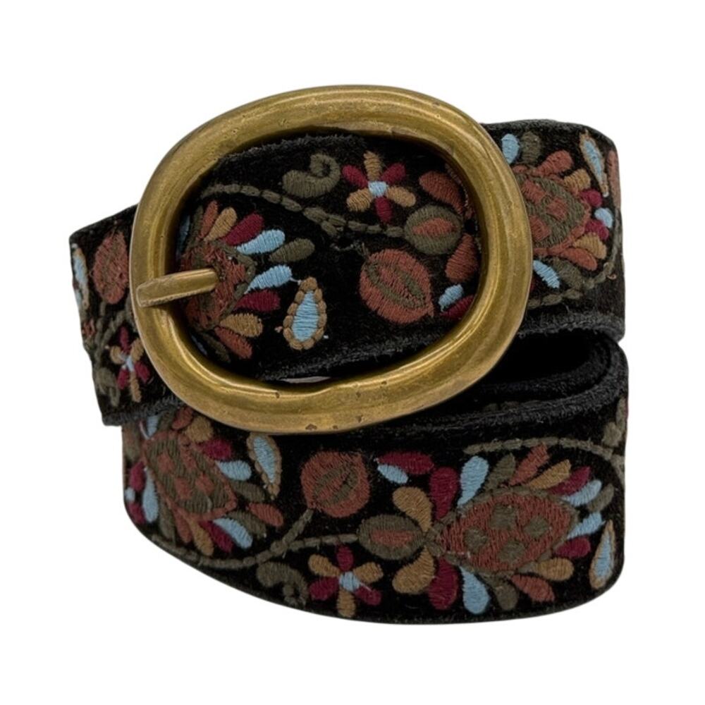 Vtg 90s Lucky Brand Suede Embroidered Floral Belt Black Size 30 Boho Western Y2K